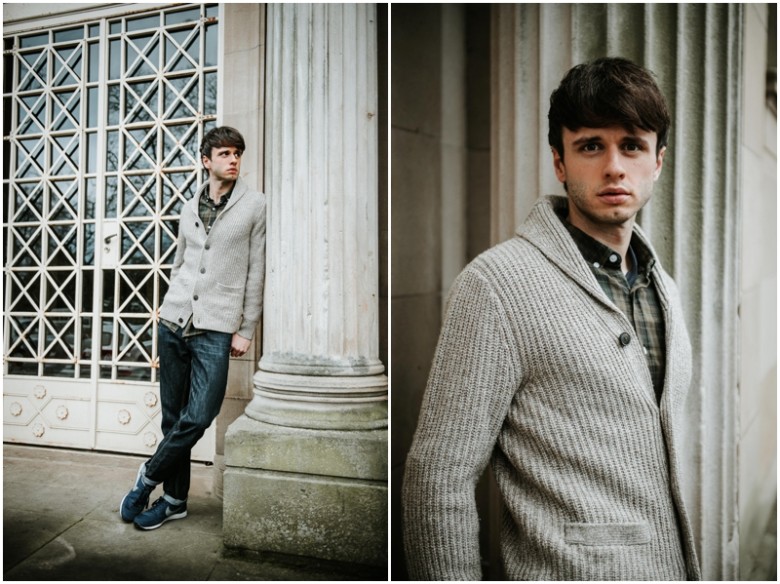 male actor promotional images in an urban setting