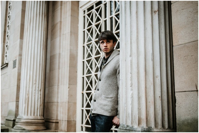 male actor promotional images in an urban setting