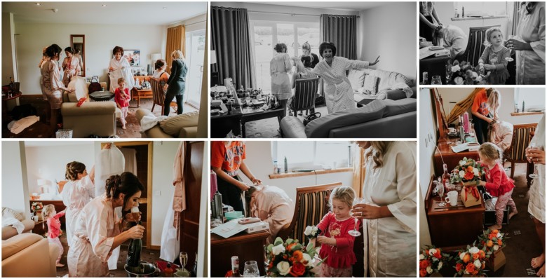 bride and her bridesmaids getting ready