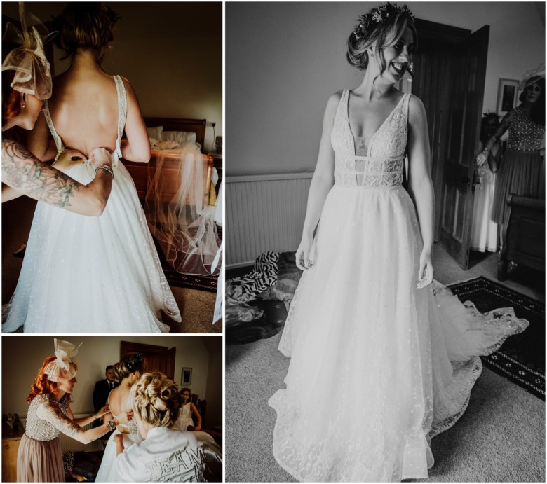 bride and her bridesmaids getting ready for her wedding